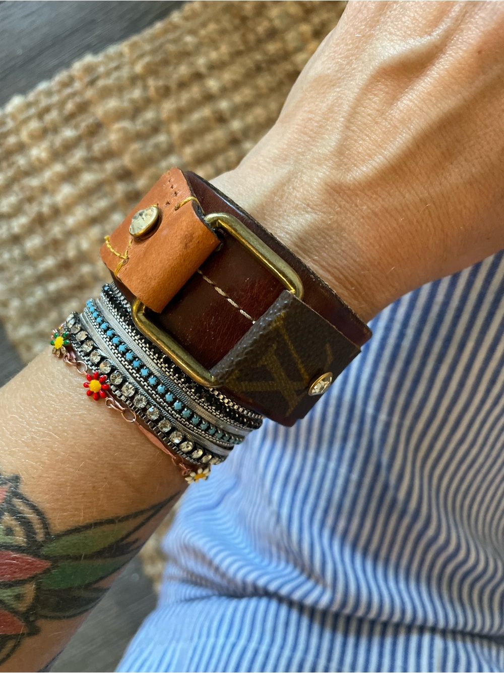 Leather Wrap Bracelet with Brass Buckle - Tan & Brown upcycled from an LV BAG - Picture 2 of 3